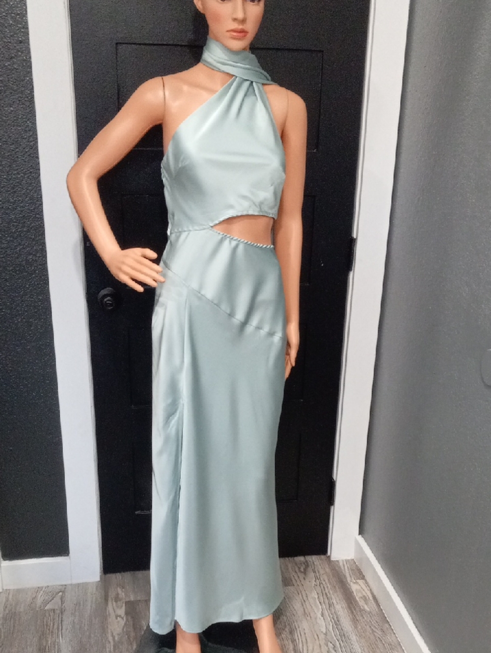 Hollo Molly Francesca Satin Midi Dress One-Shoulder Sage Green Cutout Satin Gown